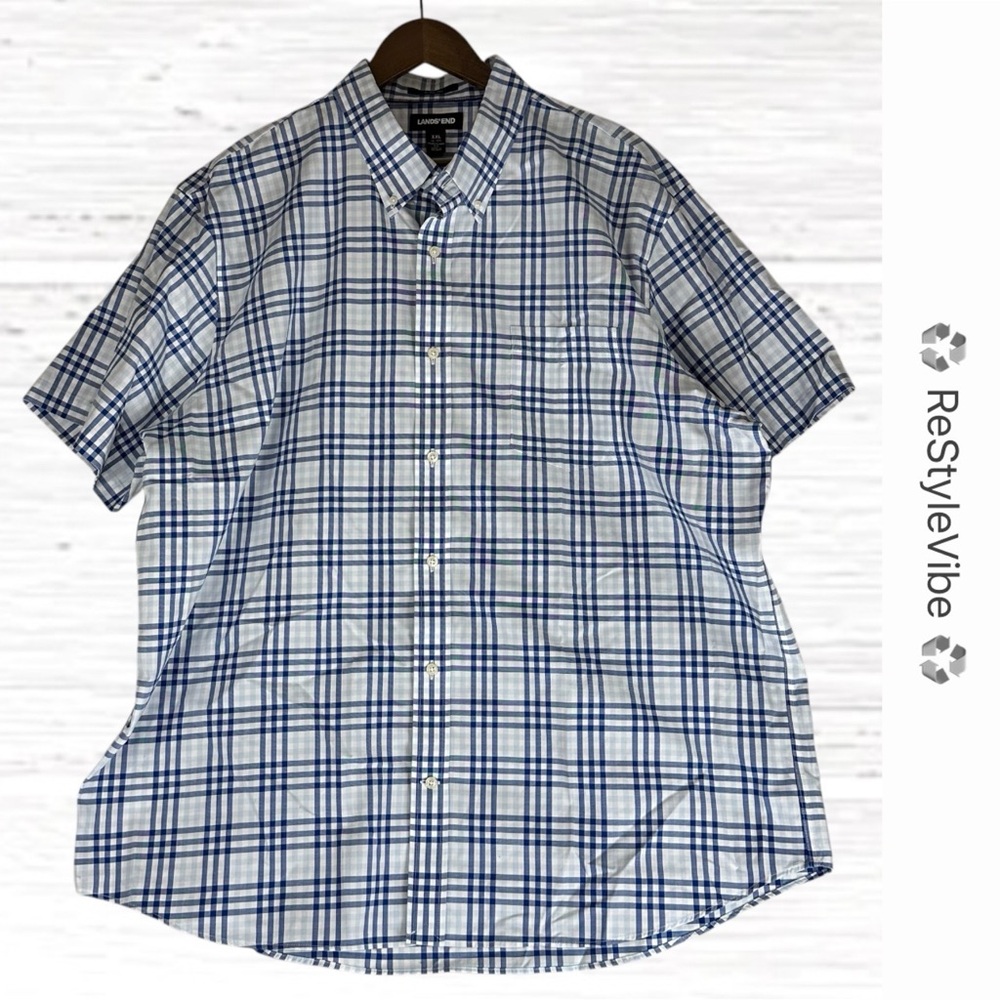 LANDS’ END Men’s Size XXL 2XL Shirt Plaid Button Down Style Casual Short Sleeve